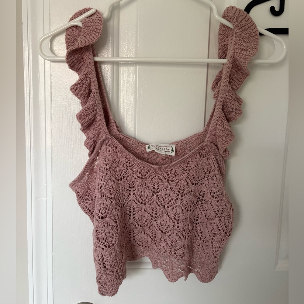 Love Riche Pink Ruffled Knitted Crop Tank